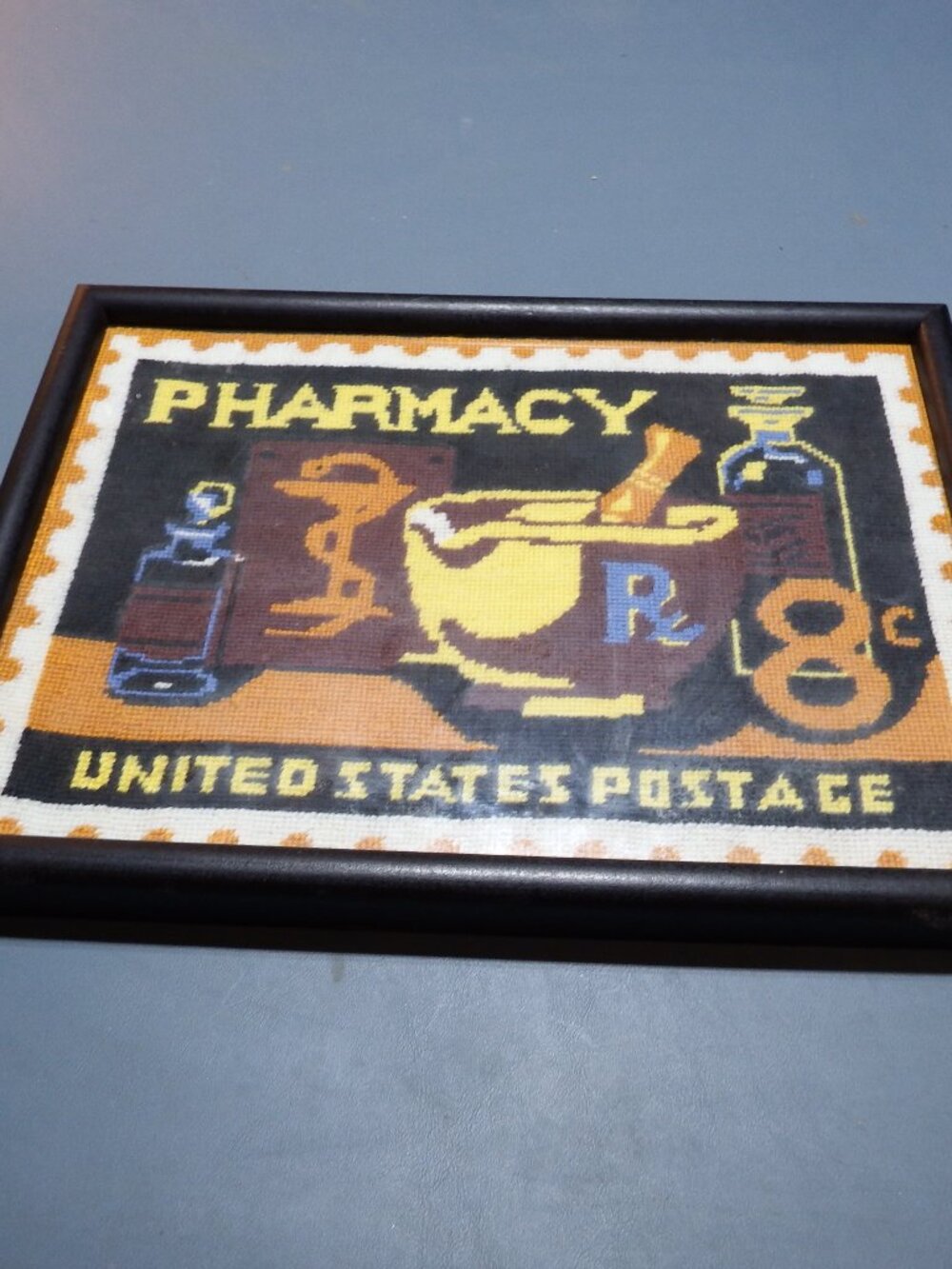Needlepoint of Vintage Pharmacy stamp, handmade, framed